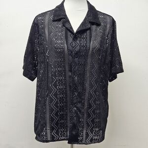 Street Vibes Mens Sheer Mesh Button Short Sleeve Shirt M Black Clubwear Grunge